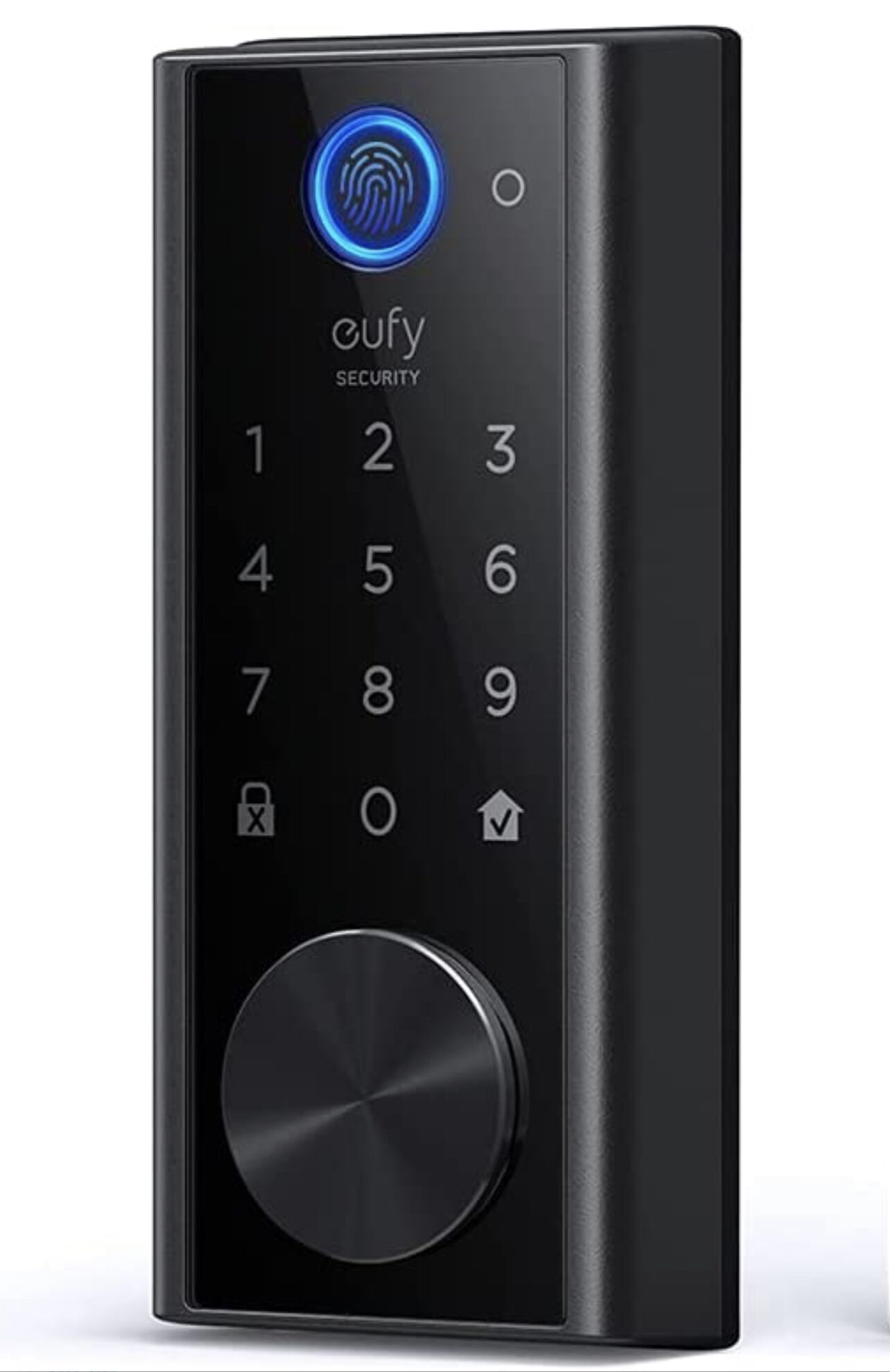 A black security keypad with a fingerprint scanner and a large button below the keypad.