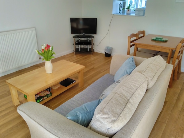 A living room with a sofa, a coffee table, a TV, and a dining table.