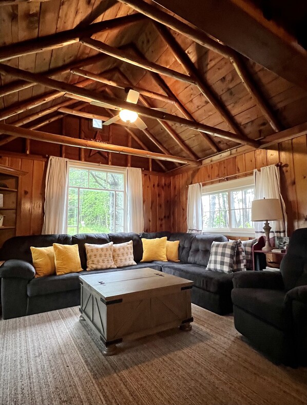 TV, fireplace, books, stereo