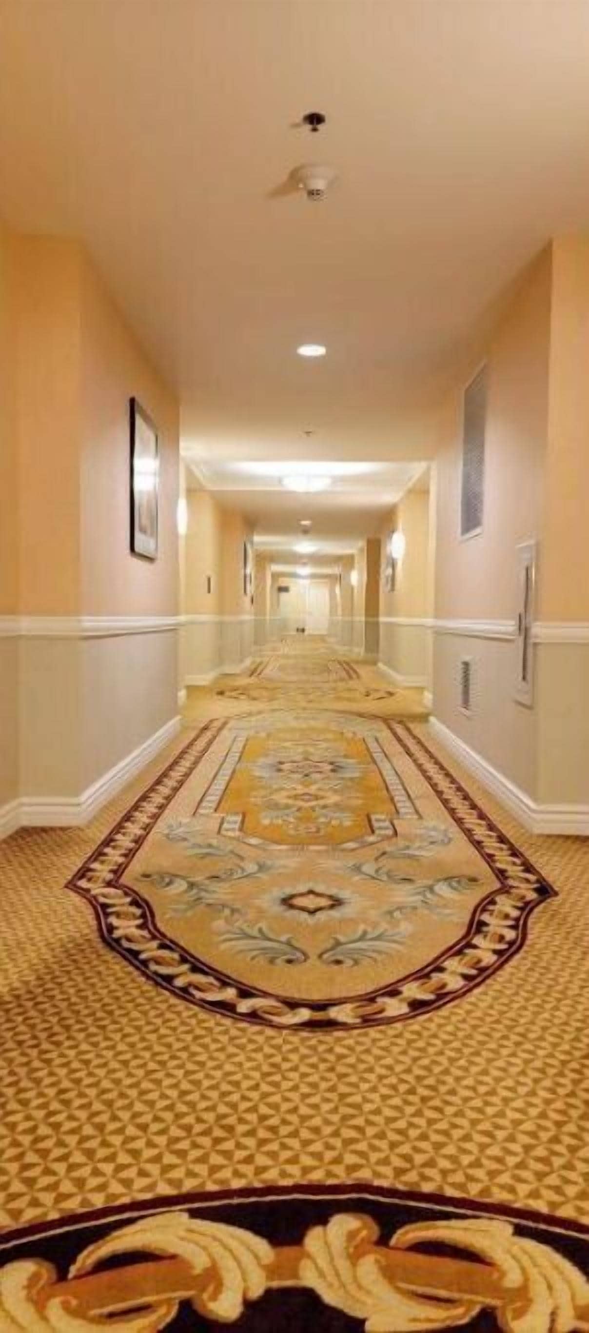A hotel hallway with a patterned carpet, cream-colored walls, and a ceiling light.
