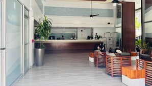 A modern reception area with a wooden reception desk, seating area with wooden chairs, and a large potted plant.