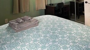 Un dormitorio con cama, ventilador de techo, escritorio y espejo.