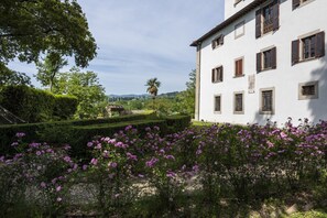 A white building with multiple windows and a garden with purple flowers.