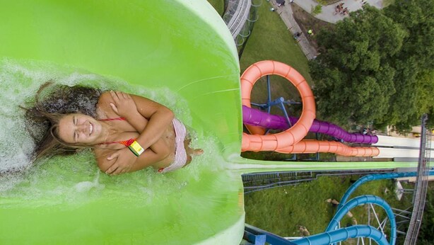 A water slide with a person at the bottom, surrounded by greenery and a clear sky. - Beautiful Mountain House with amazing views 11min from Mountain Creek & Warwick (Vernon Township)