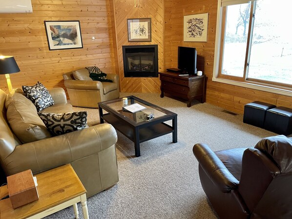 Smart TV, fireplace, DVD player, foosball