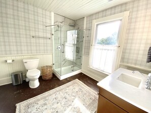 Shower, hair dryer, towels, soap