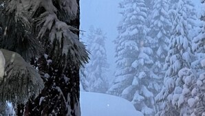 A snow-covered cabin with a visible window and a warm light source inside. - Renovated & spacious 2 bed/2 bath Condo with Mountain Views - near Eagle Lodge  (Mammoth Lakes)