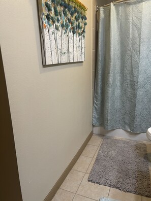 Combined shower/bathtub, towels, soap, toilet paper