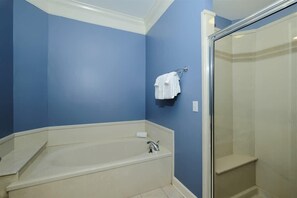Shower, hair dryer, towels, shampoo