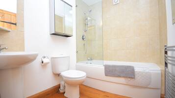 Combined shower/bathtub, hair dryer