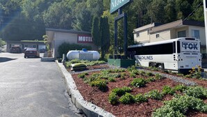 A motel sign, a bus, and a building with a 'Motel' sign. - Silver Maple Motel (Dysart et al)
