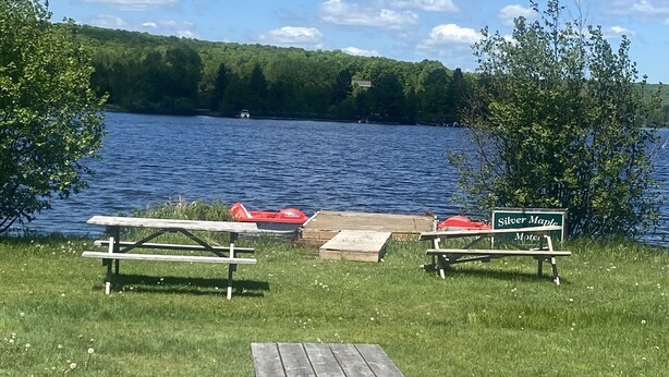 A lakeside picnic area with picnic tables and a sign for Silver Maple Motel. - Silver Maple Motel (Dysart et al)