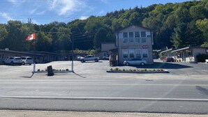 A small motel with a two-story building, a flag, and several parked cars. - Silver Maple Motel (Dysart et al)