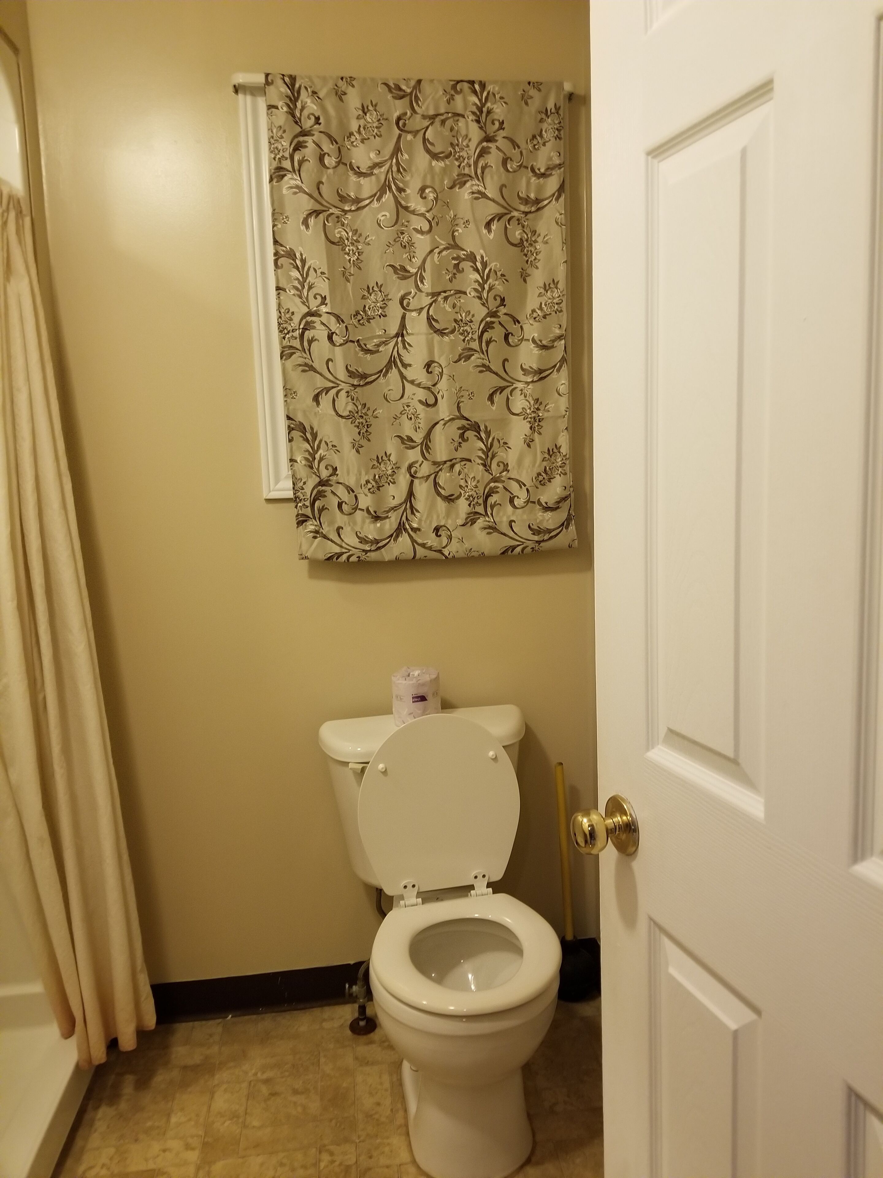 Un baño con inodoro, cortina de ducha y puerta.