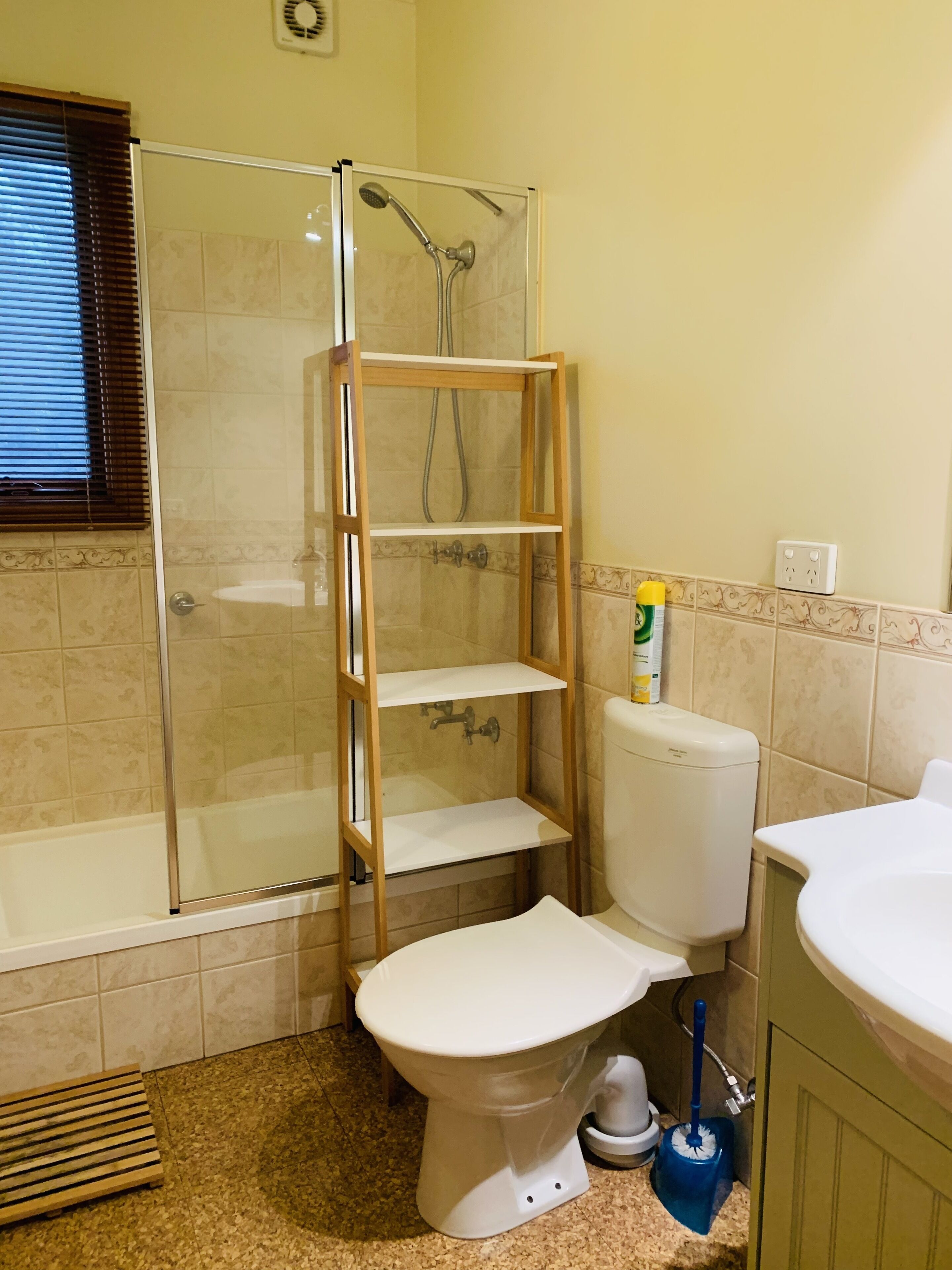 Combined shower/tub, towels, soap, toilet paper