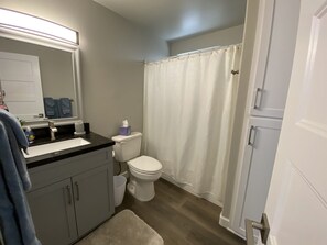 Une salle de bain équipée de toilettes, d’un lavabo et d’un rideau de douche.