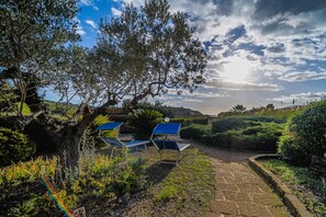 Un jardin avec deux chaises longues, un chemin de pierres et une vue sur la campagne.