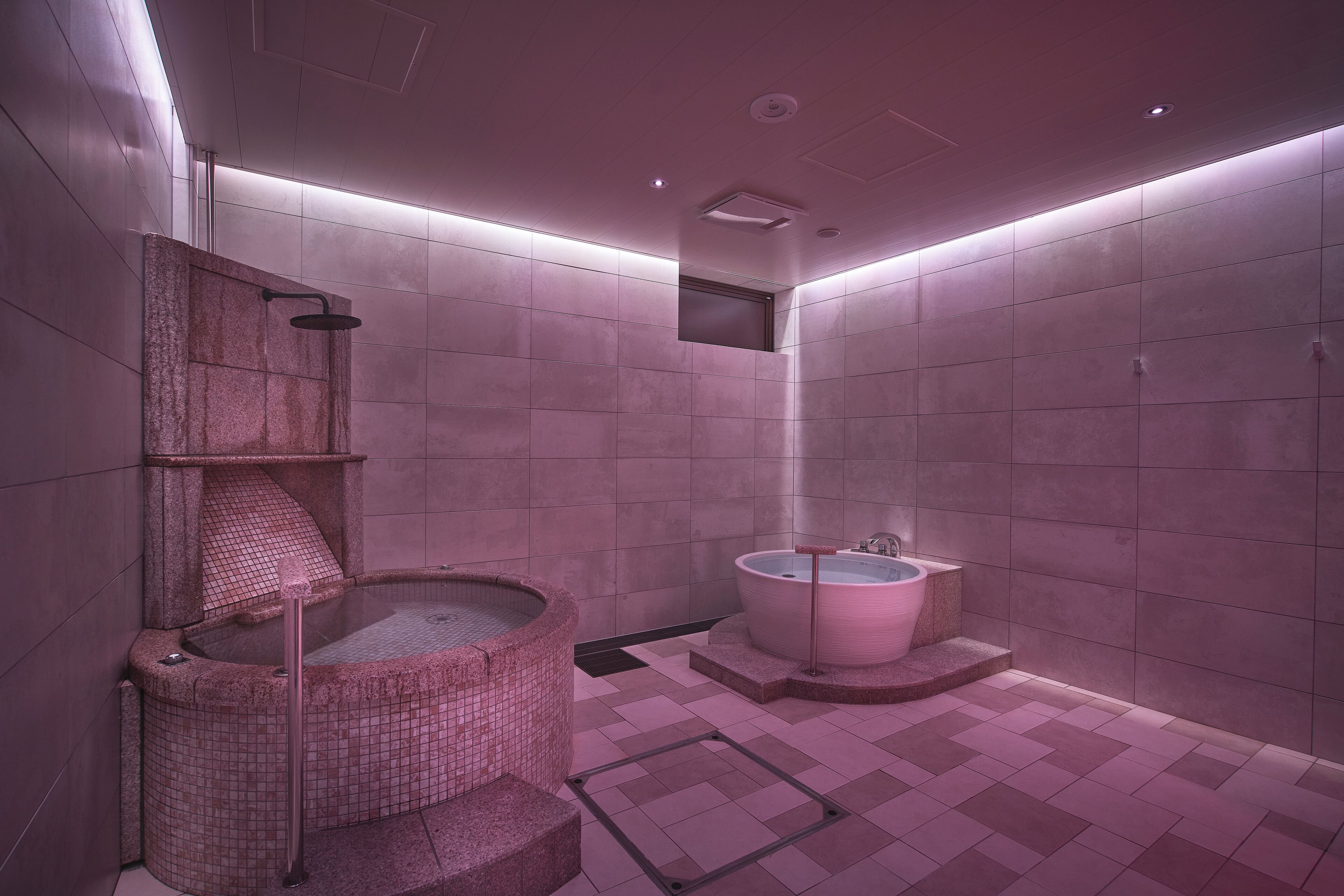 A modern bathroom with a large bathtub, a separate shower area, and a mosaic-tiled hot tub.