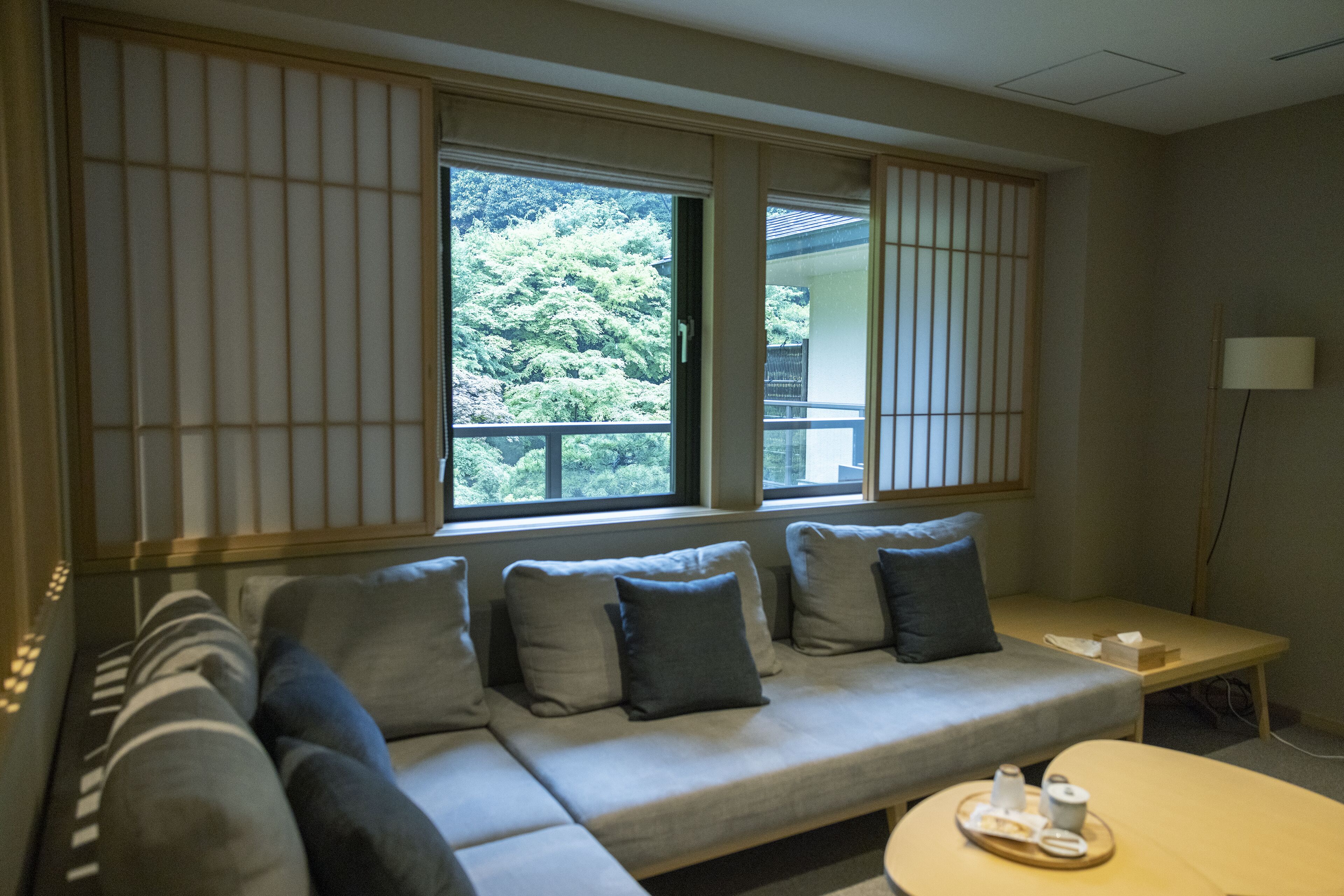 Ein modernes Wohnzimmer mit einer Couch, Kissen, einem kleinen Tisch und einem Fenster mit Blick auf Grünflächen.