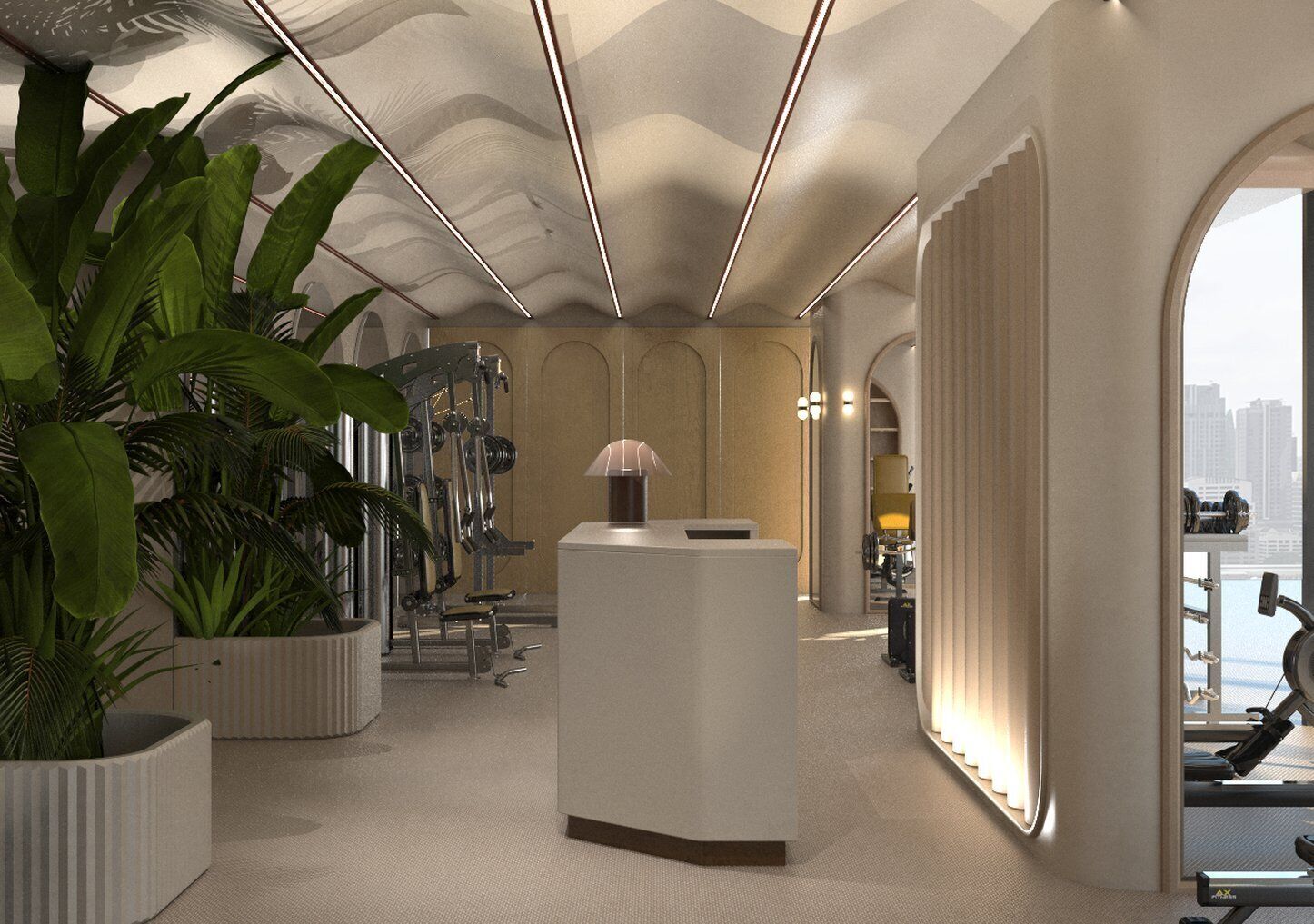 A modern gym with exercise equipment, a reception desk, and large windows offering a city view.