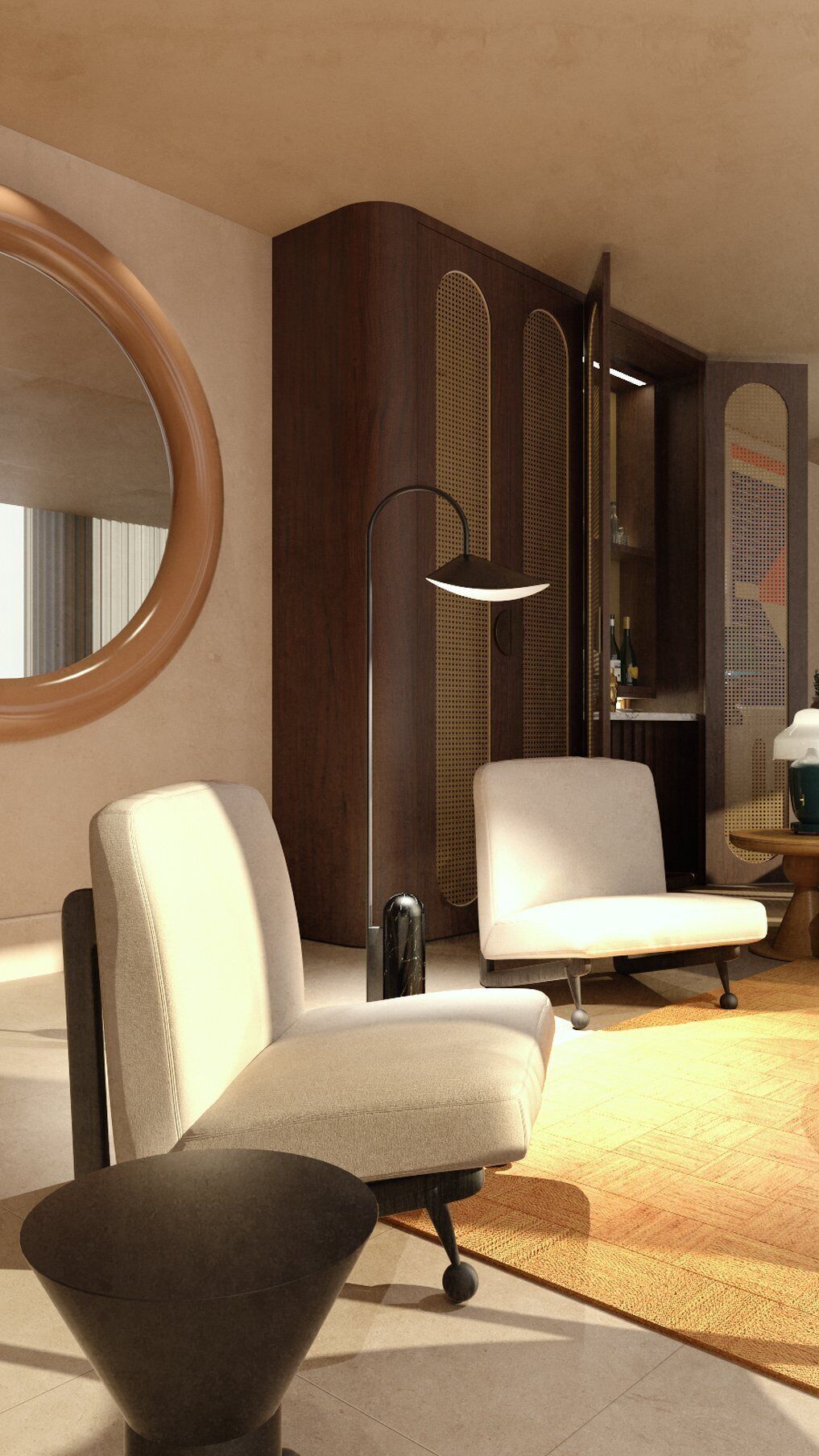 Un salon moderne avec un grand miroir rond, un lampadaire, un canapé et une table basse.