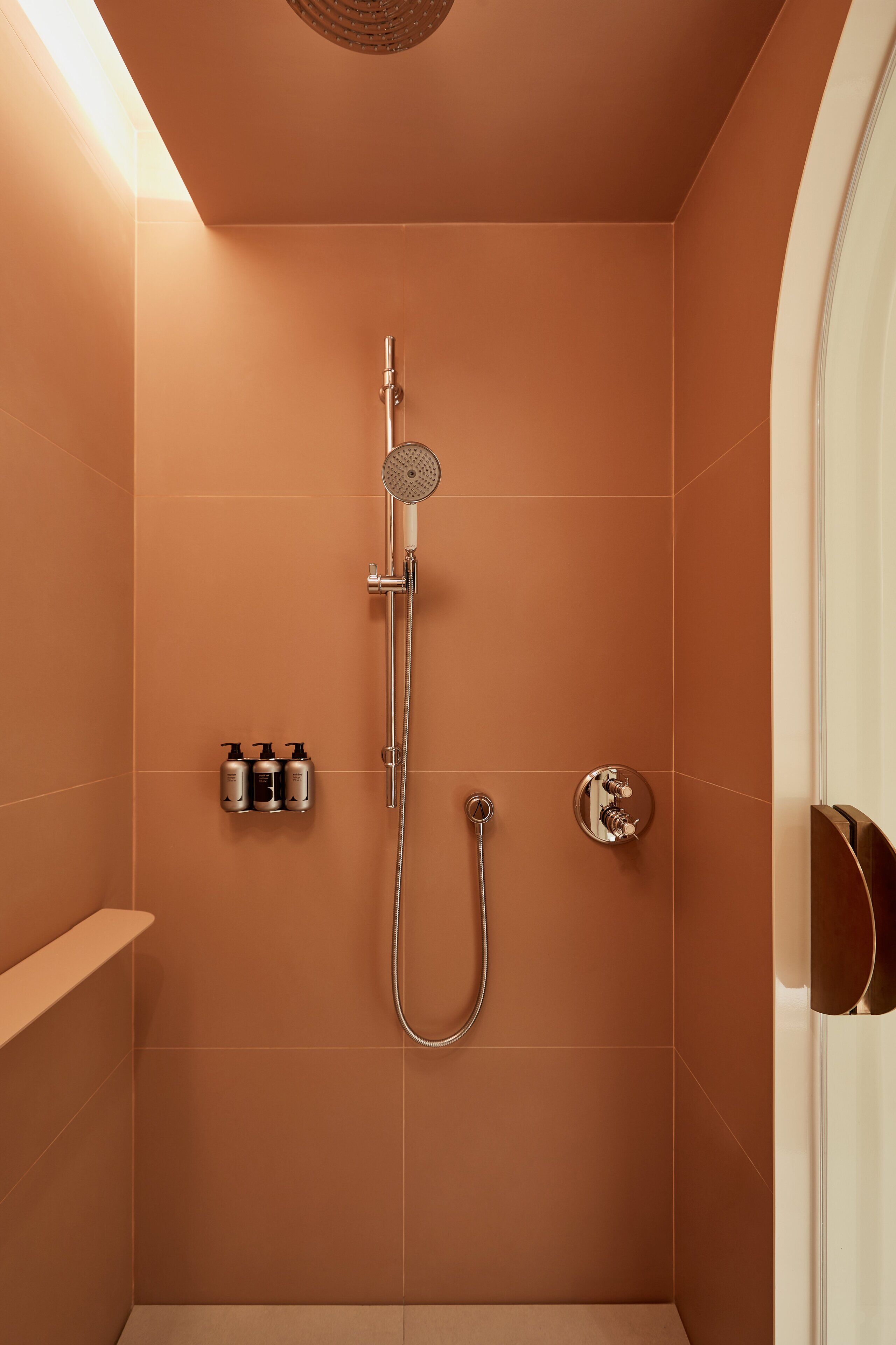 A shower with a handheld showerhead, a wall-mounted faucet, and a handheld showerhead.