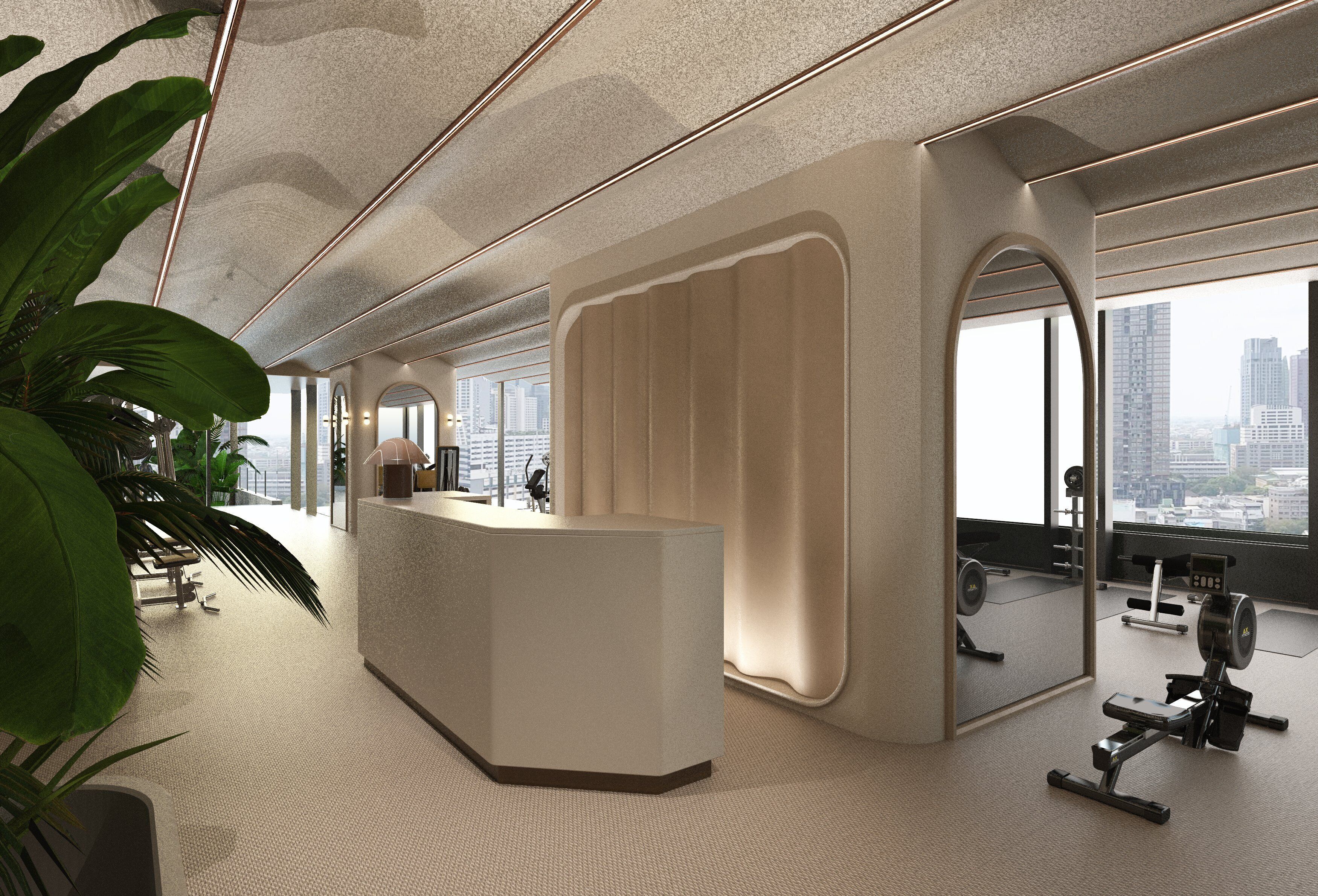 Un espacio de oficina moderno con mostrador de recepción, ventanas amplias y vistas de la ciudad.