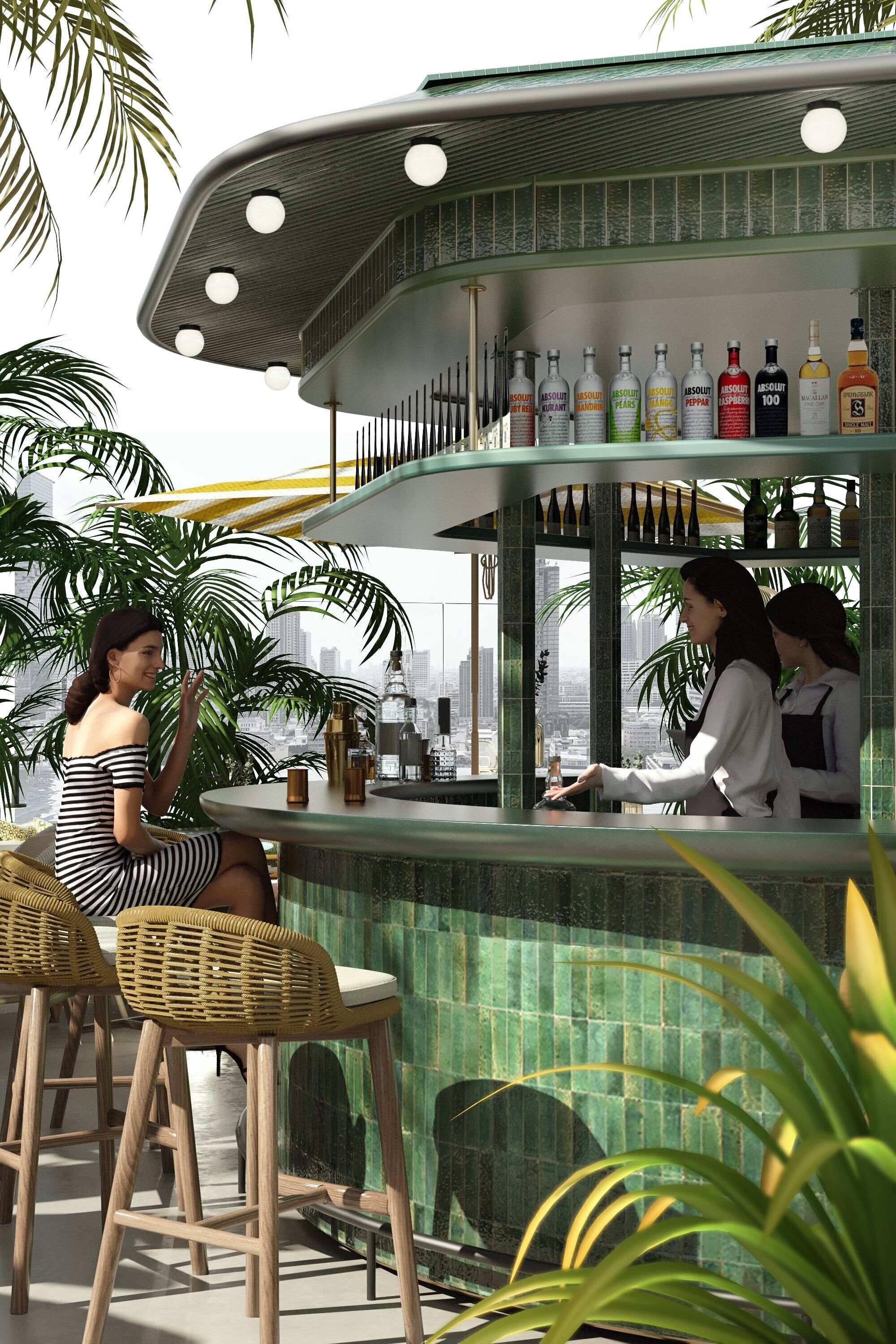 A bar area with a city view, wicker chairs, and a green tiled counter.