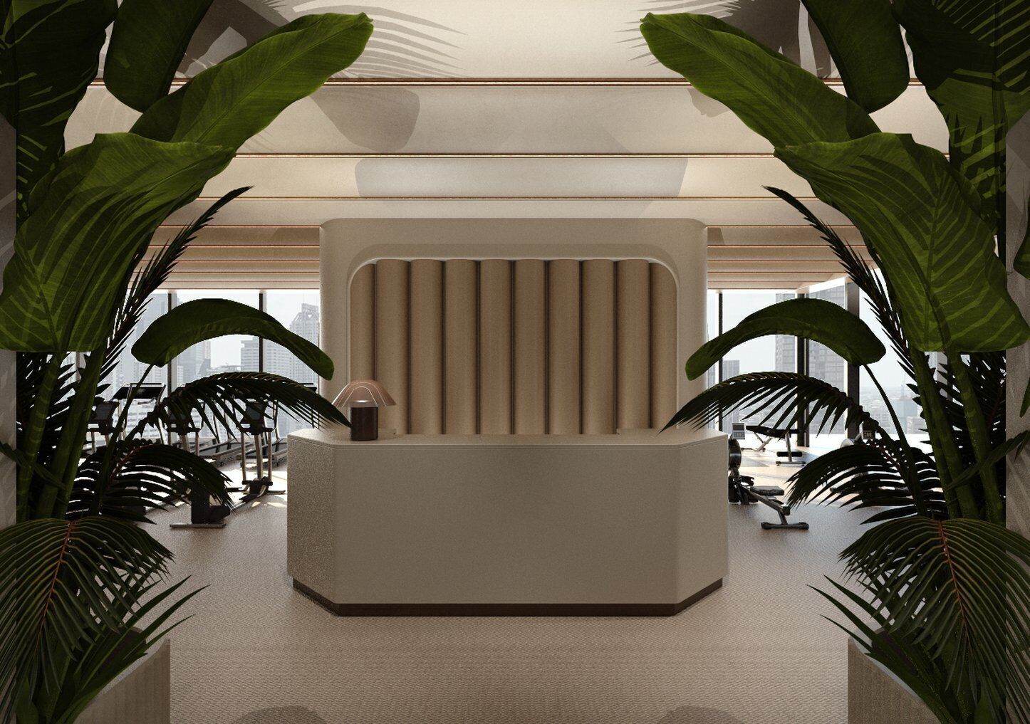 Een receptiebalie met een modern ontwerp, omringd door grote groene planten.