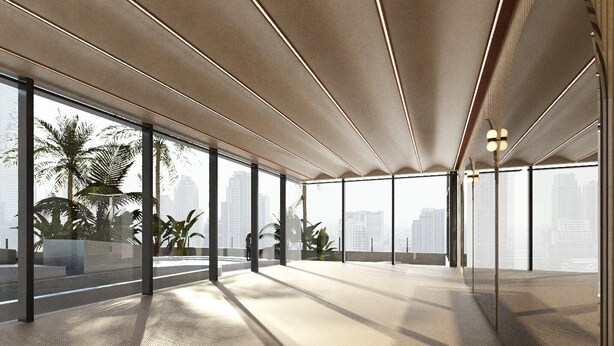 Un intérieur spacieux et moderne, doté de grandes fenêtres offrant une vue sur la ville.