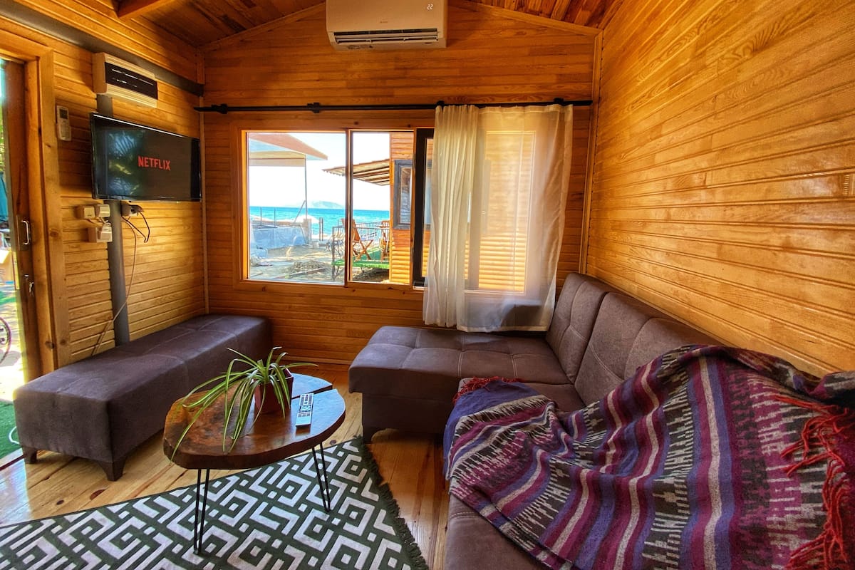 A cozy cabin interior with a wooden ceiling, a television mounted on the wall, a sofa, a small table with a plant, and a view of the beach through a window.