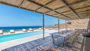 Seasonal outdoor pool, pool loungers