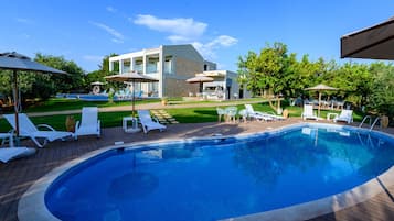 Una piscina al aire libre, sombrillas, sillones reclinables de piscina