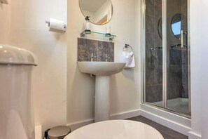 Une salle de bain avec des toilettes, un lavabo et une douche.