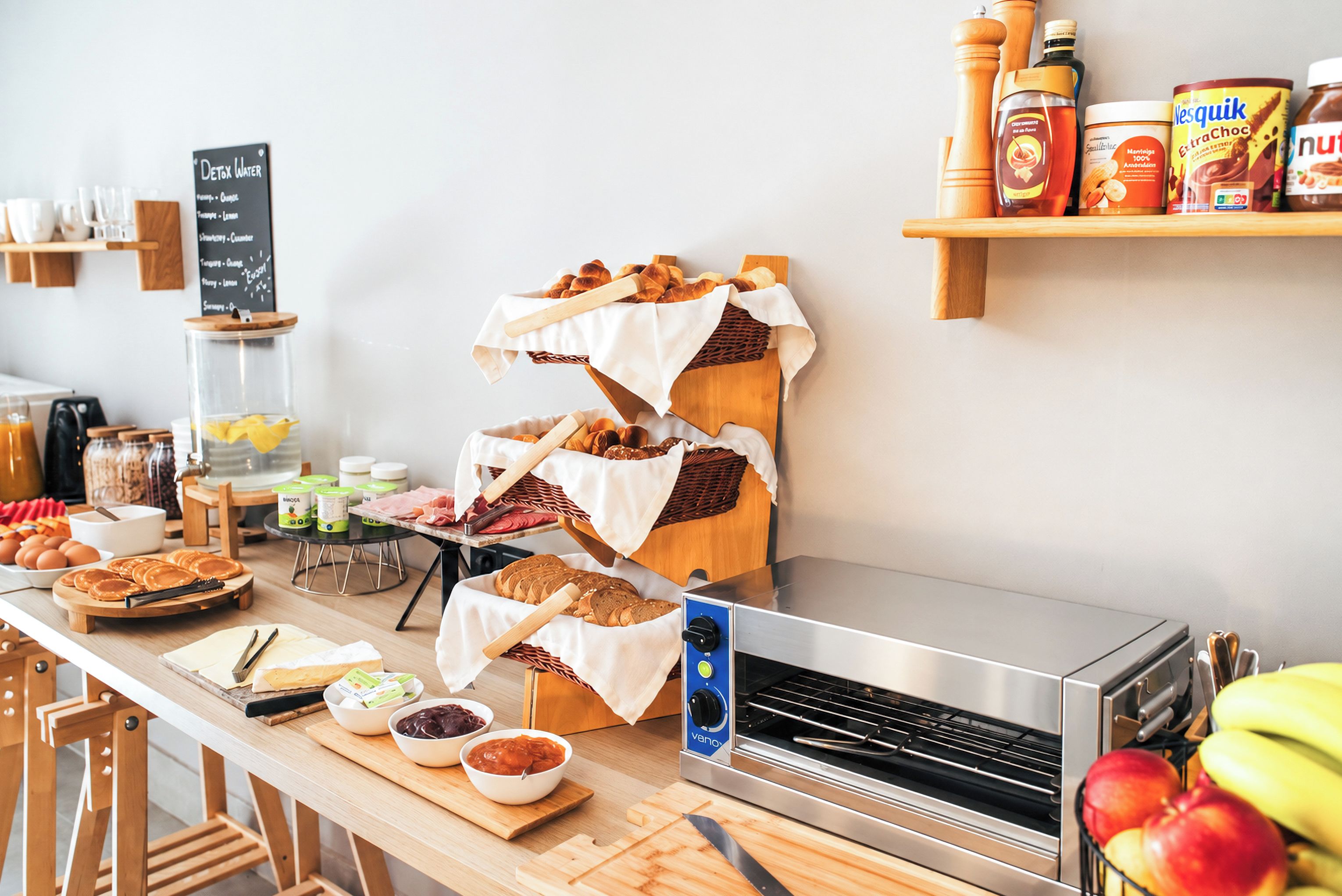 A breakfast buffet with various food items and a coffee machine.