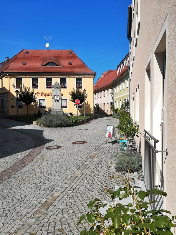 A cobblestone street with buildings, a no-entry sign, and a statue in the center.