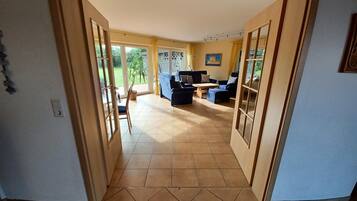 Una televisión, una chimenea, libros