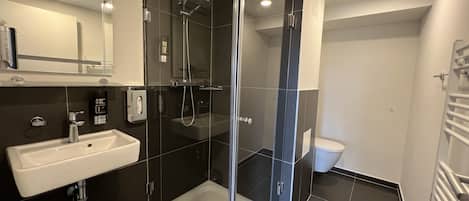 A modern bathroom with a glass-enclosed shower, a white sink, and a toilet.