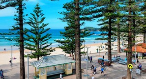 A beach view with tall pine trees, a small pavilion, and people walking along the promenade. - The Ryokan - Zen (Manly)