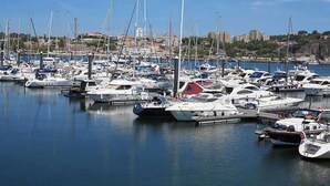 Un puerto deportivo con diversos barcos amarrados en aguas tranquilas.