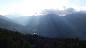 Een bergachtig landschap met dichte bossen en kronkelende wegen.