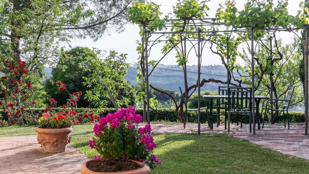 A garden with a pergola, potted plants, and a bench. - Torriano 4 (San Casciano Val di Pesa)
