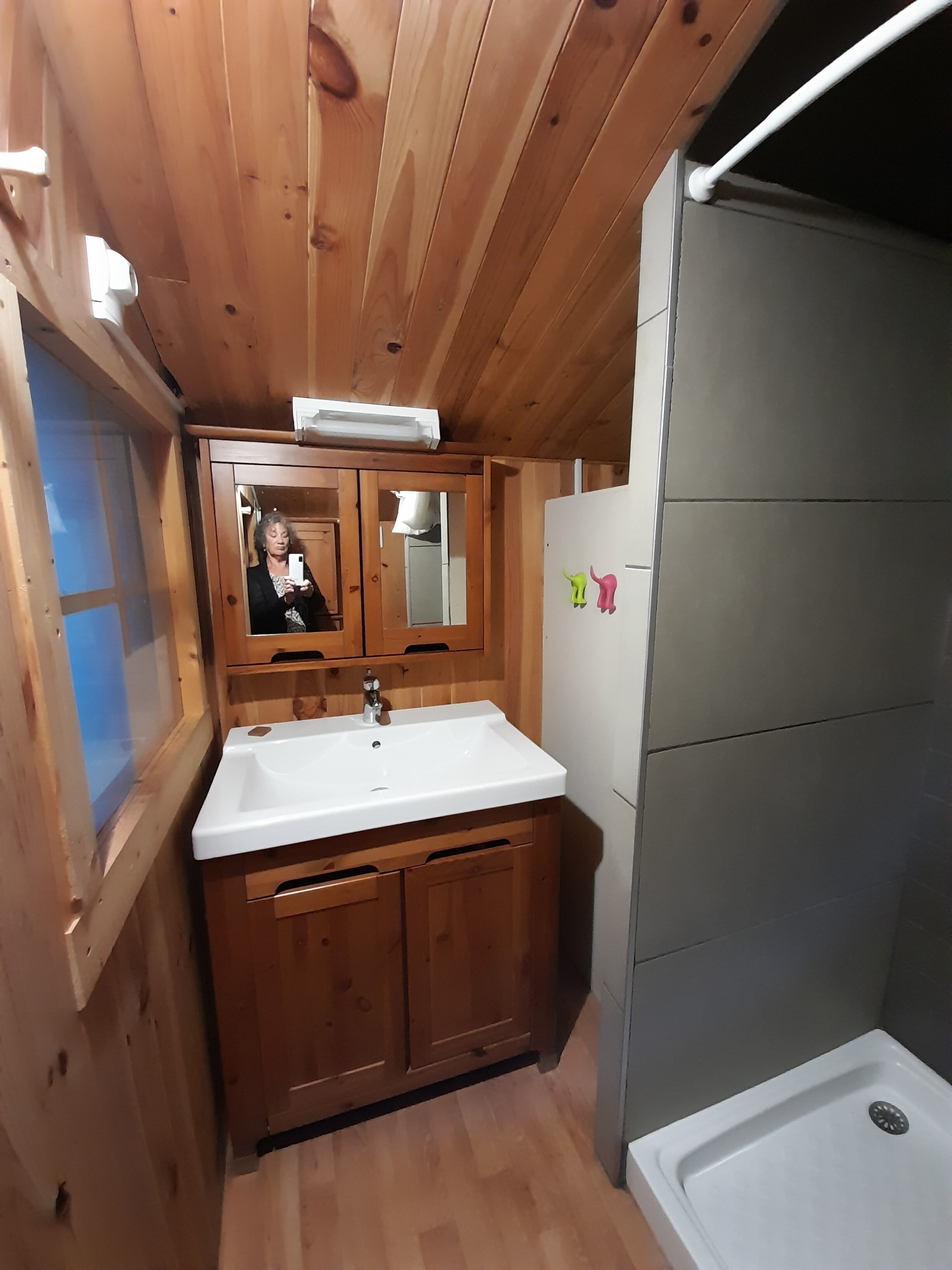 Une petite salle de bain de style cabane en bois, comprenant un lavabo, un miroir et une douche.