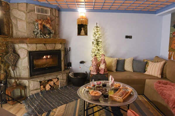 30-inch plasma TV with cable channels, TV, fireplace