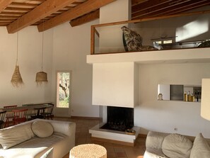 Cheminée, baby-foot, table de tennis de table, livres