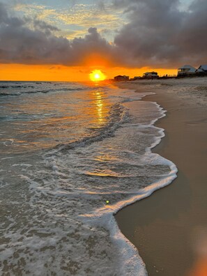 On the beach, sun-loungers, beach towels