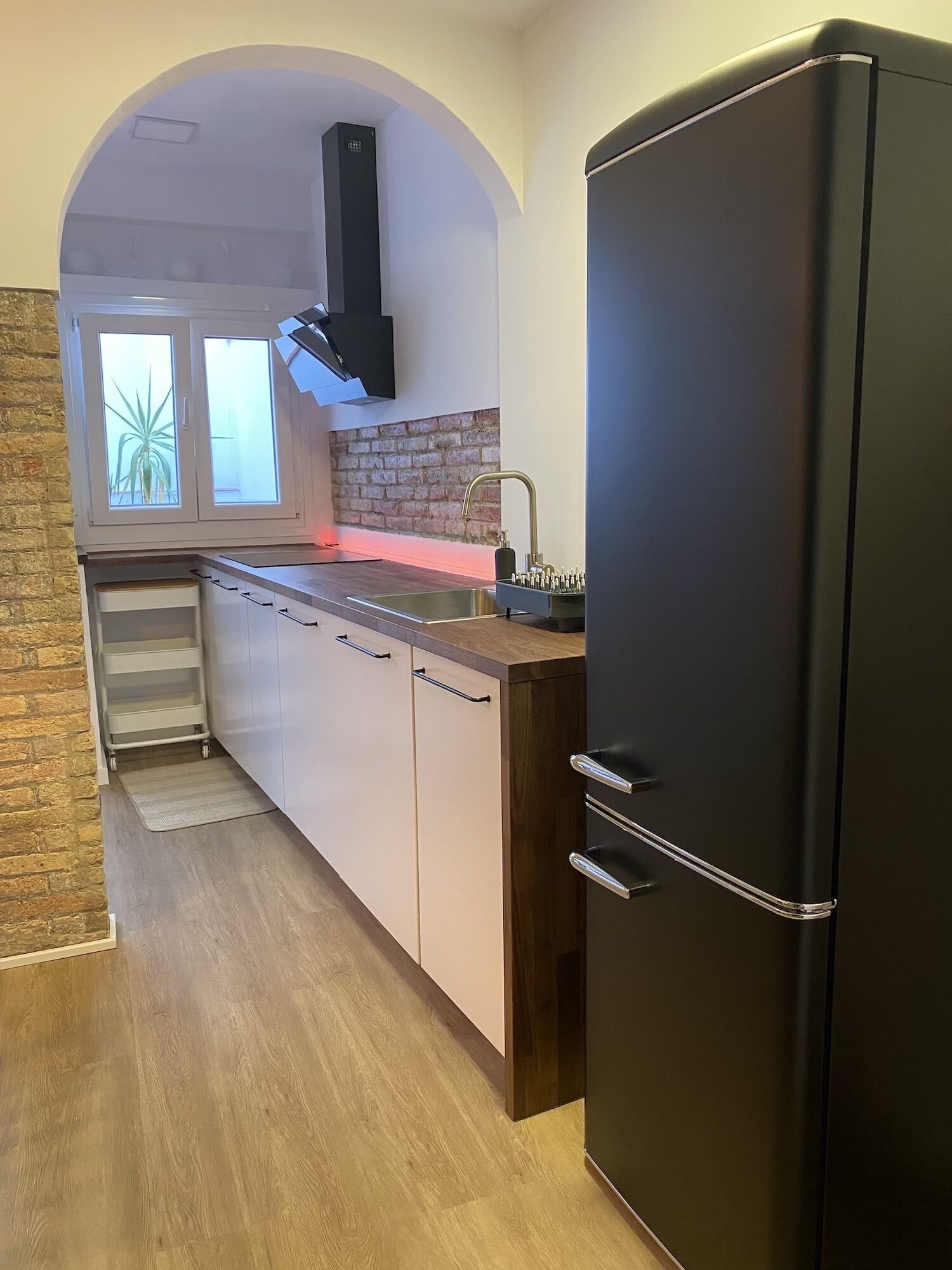 Een koelkast, een magnetron, een kookplaat, een vaatwasser