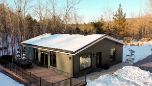 A modern house with a covered patio, large windows, and a deck. - Acorn Bungalow - Luxury Cabin, Catskills (Cairo)