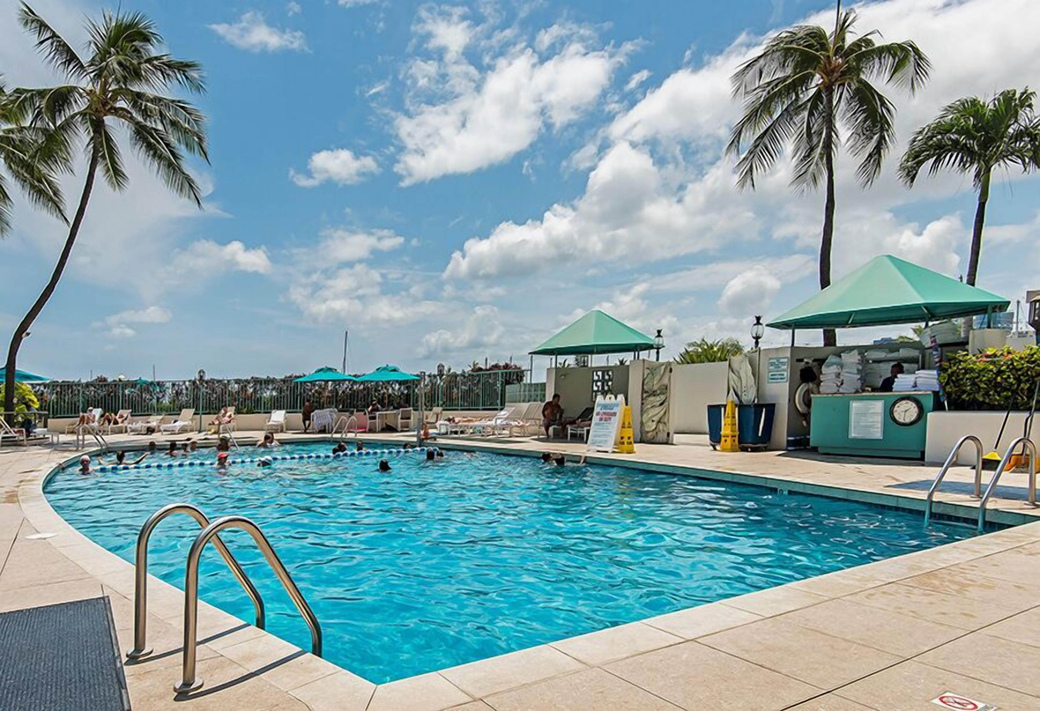A swimming pool with lounge chairs and umbrellas, surrounded by palm trees.