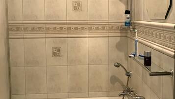 Combined shower/tub, free toiletries, hair dryer, towels